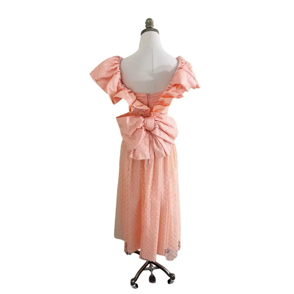 Vintage 80s Peach Tulle Swiss Dot Prom Dress Sz XS/S Short Sleeve Ruffle Accent